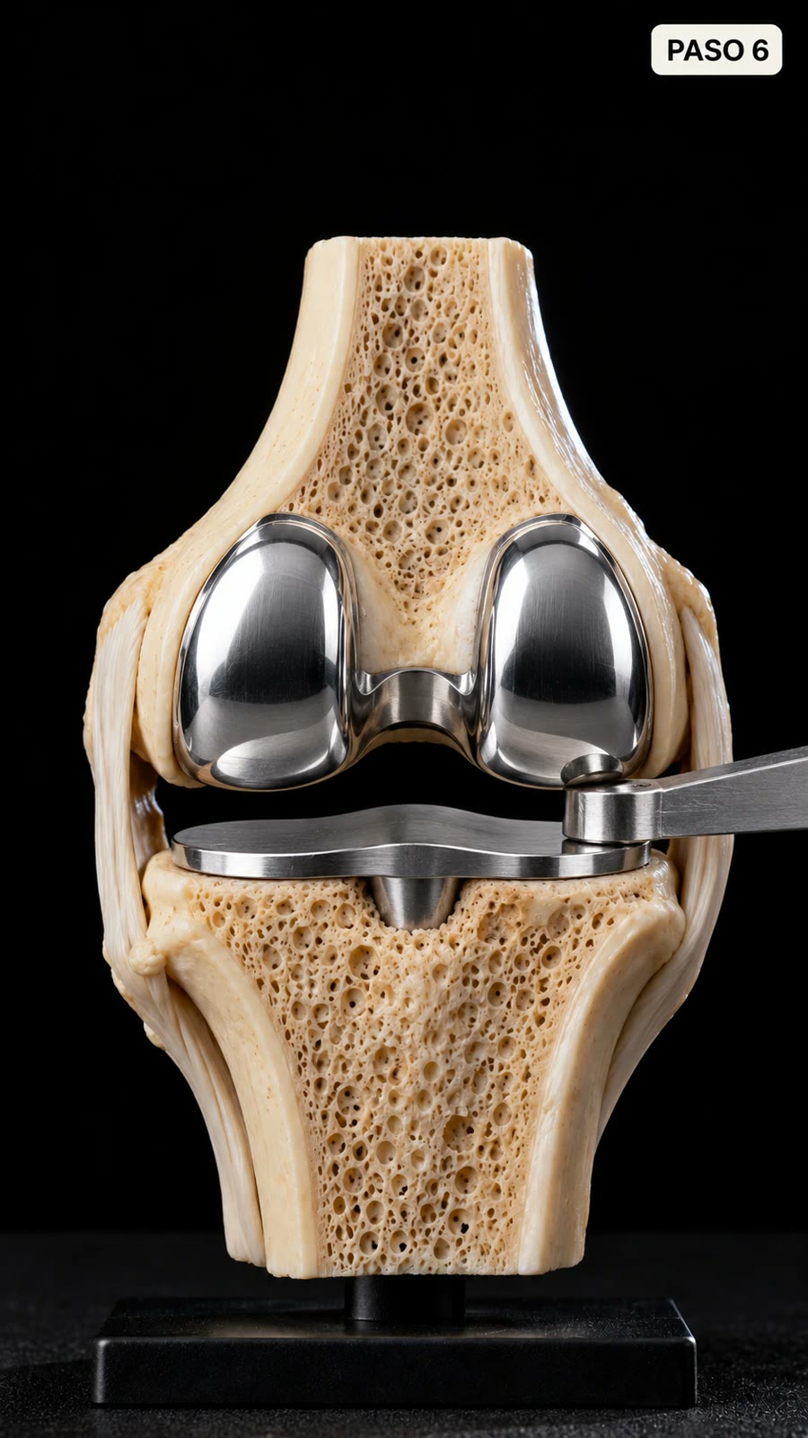 Macro editorial — prótesis de rodilla